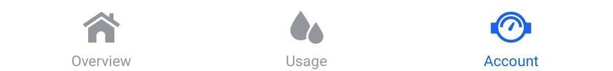 A horizontal navigation bar from a mobile application featuring three icons: a gray house for Overview, two gray water droplets for Usage, and a blue water meter for Account.