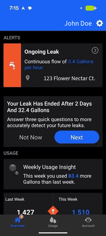 The EyeOnWater App in action showing that a leak has ended after 2 days and 32.4 gallons