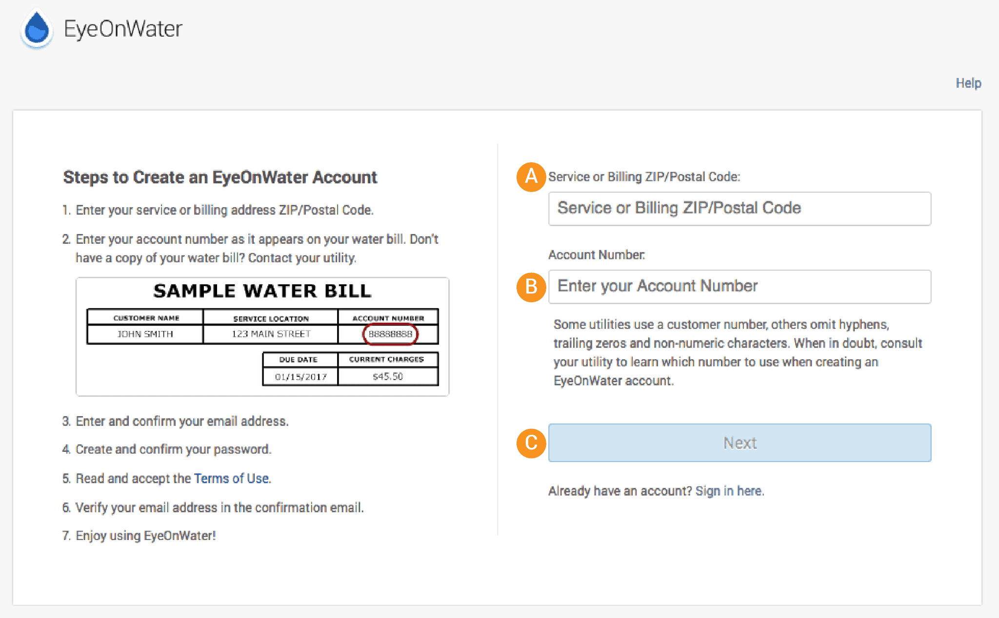 An instructional screenshot for the EyeOnWater account signup page. It features a "Steps to Create" list and input fields for a ZIP/Postal Code and Account Number, with a sample water bill for reference.