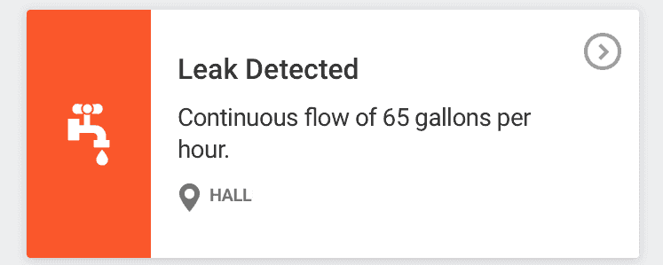 App notification for a Leak Detected alert, showing a continuous water flow of 65 gallons per hour at the Hall location, featuring a red faucet icon on the left.